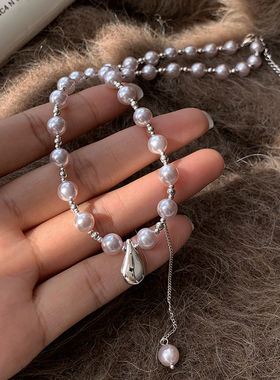 施家华子流苏淡紫色珍珠项链