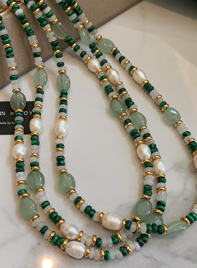 天然孔雀石串珠珍珠项链
