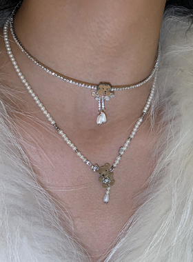 可爱小熊植绒颈链水晶锆石