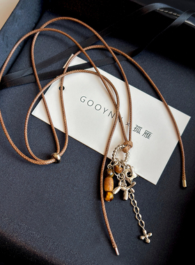 棕色皮绳民族风虎眼石项链女