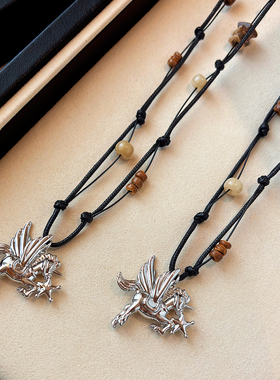 可调节黑色皮绳长款毛衣链