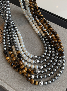 大溪地拼色虎眼石珍珠项链