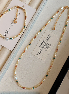 彩色天然石贝母淡水珍珠手链女