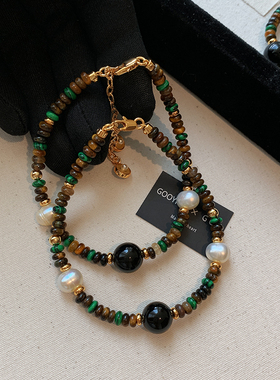 虎眼石孔雀石珍珠串珠手链女