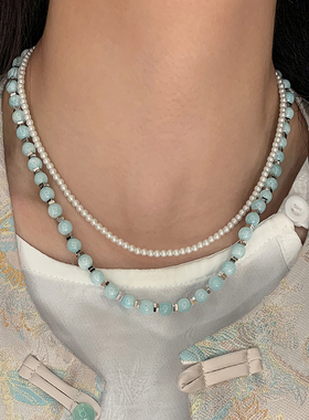 天然天河石碎银串珠项链女