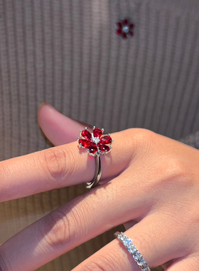 红宝石花朵戒指女独特
