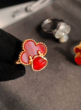 新年红色天然贝母四叶草戒指女