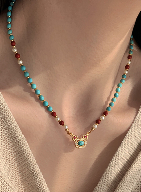 天然绿松石色珍珠串珠项链女