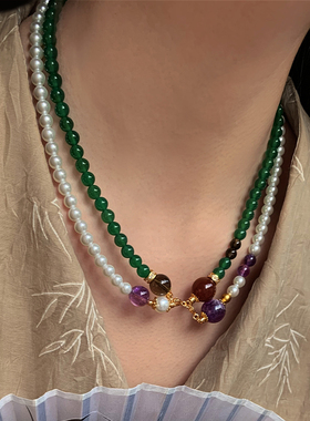 天然绿玛瑙珍珠项链女