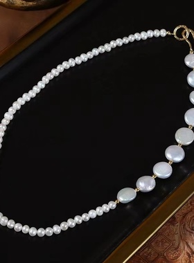 天然淡水珍珠项链巴洛克纽扣锁骨链法式复古风格简约百搭饰品礼物