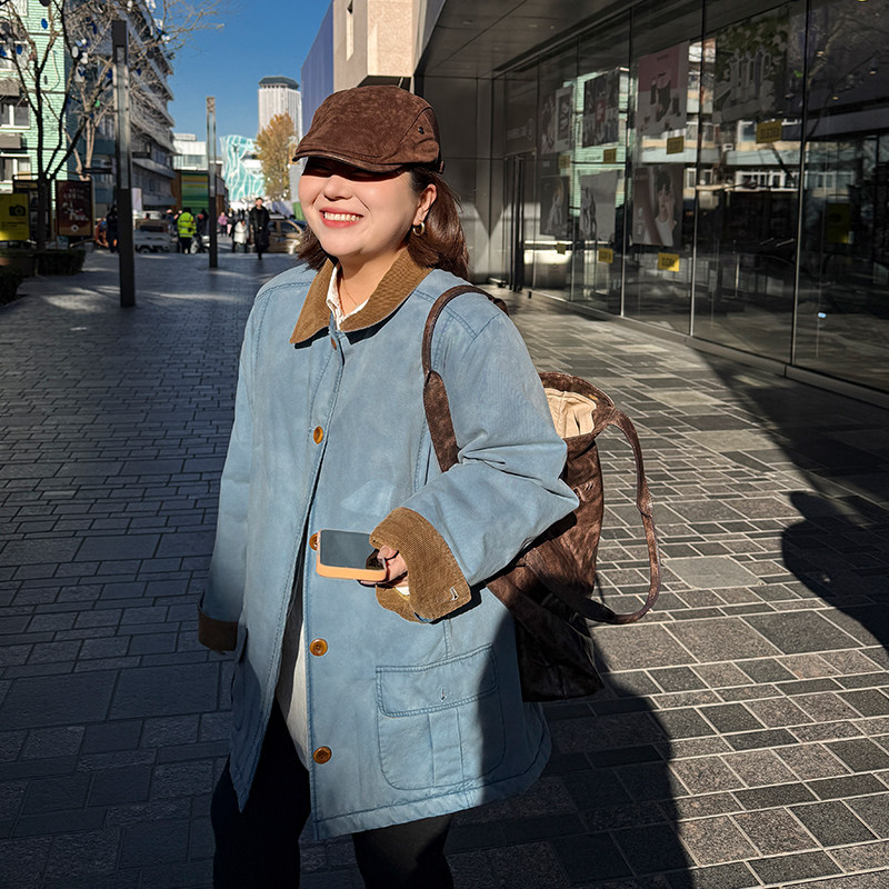 胖mm冬季复古工装棉服木子理想大码女装中长款水洗做旧口袋棉外套,淘宝优惠券,粉丝福利购,淘宝优惠卷