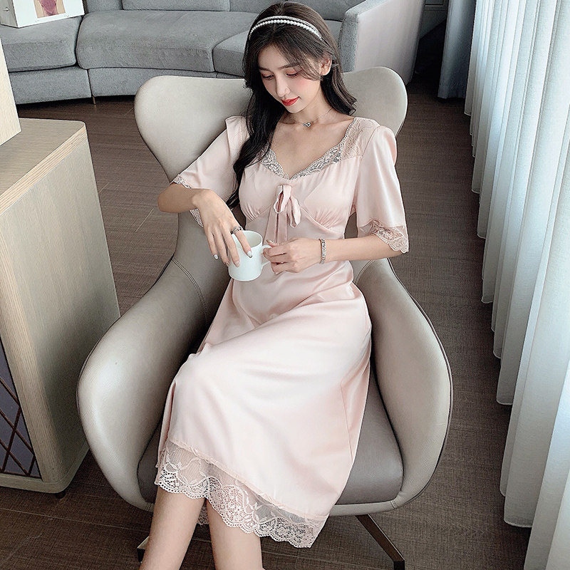 蕾丝春秋季冰丝长款连体带胸垫睡裙 沃莱卡睡裙