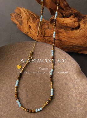 天然虎眼石尖晶串珠女士项链美拉德雅丹风锁骨链北欧简约时髦40+5