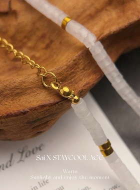 海岛度假风直切串珠白色天然石女士项链高级感锁骨链叠戴