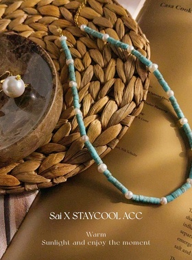 绿色石间淡水珍珠锁骨链女士项链串珠毛衣链法式复古时髦