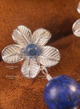 复古雕刻花朵蓝色天然青金石耳坠耳环女士轻奢高级感中古风