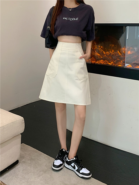 A-line hip-covering mid skirt covering hips student denim skirt