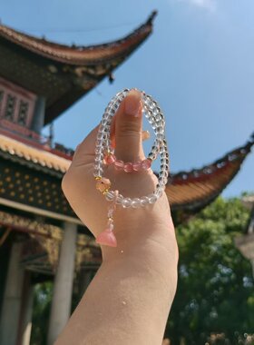 南岳衡山大庙文创手串 白水晶双圈粉莲蓬手串