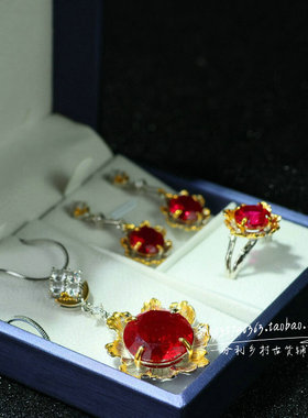 精品多面红宝石项链耳环三件套组合套装女款复古时尚百搭首饰品