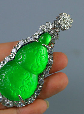 精品高冰种老翡翠葫芦玉牌吊坠挂件满绿银包玉男女款翠玉项链挂坠