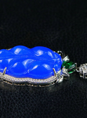 正品冰种翡翠蓝水金枝玉叶吊坠精工镶嵌宝石蓝叶子项链男女款百搭