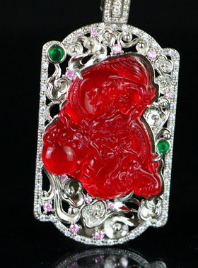 缅甸冰种老红翡龙戏珠项链吊坠翡翠色手工银镶嵌生肖龙男女款玉佩