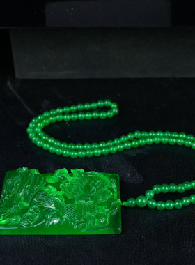 缅甸高冰种翡翠山水牌吊坠冰种满绿老翠玉牌项链男女款玉坠毛衣链