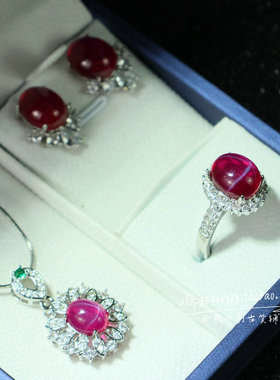 精品红宝石项链耳环三件套组合套装女款复古时尚百搭首饰品