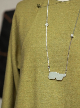 泼墨。天然和田玉  精雕如意纹 银饰镶嵌  项链 / 吊坠