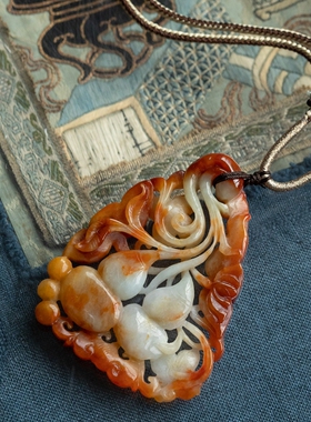 泼墨。天然A货老坑硬玉浮雕老翡翠红翡 精雕福禄吊坠玉佩（原4500