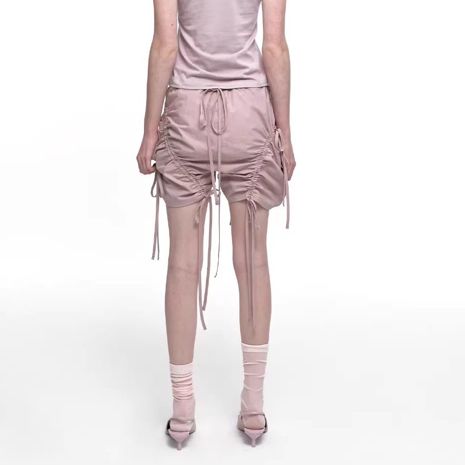 NACHE韩国设计师品牌2026春夏灰粉色系绳抽褶皱短裤子女休闲百搭,淘宝优惠券,粉丝福利购,淘宝优惠卷