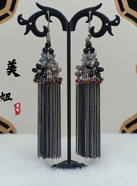 暗黑风手工人造水晶花朵流苏耳环女长款链条耳坠 复古民族风夸张