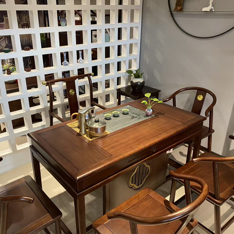1.4米新中式花梨木茶桌功夫茶台实木茶桌椅组合一桌五椅紫檀色