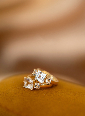 公主方糖纯银镀18K黄金耳扣耳环耳饰闪亮闪钻ins风法式复古耳钉