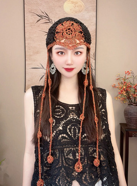 纯手工钩花冰丝亚麻镂空遮白发美人尖帽子女复古波浪边流苏包头帽