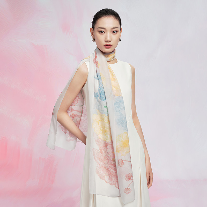 万事利秋冬新品真丝丝巾高级时尚长巾披肩妈妈礼物湖光山色