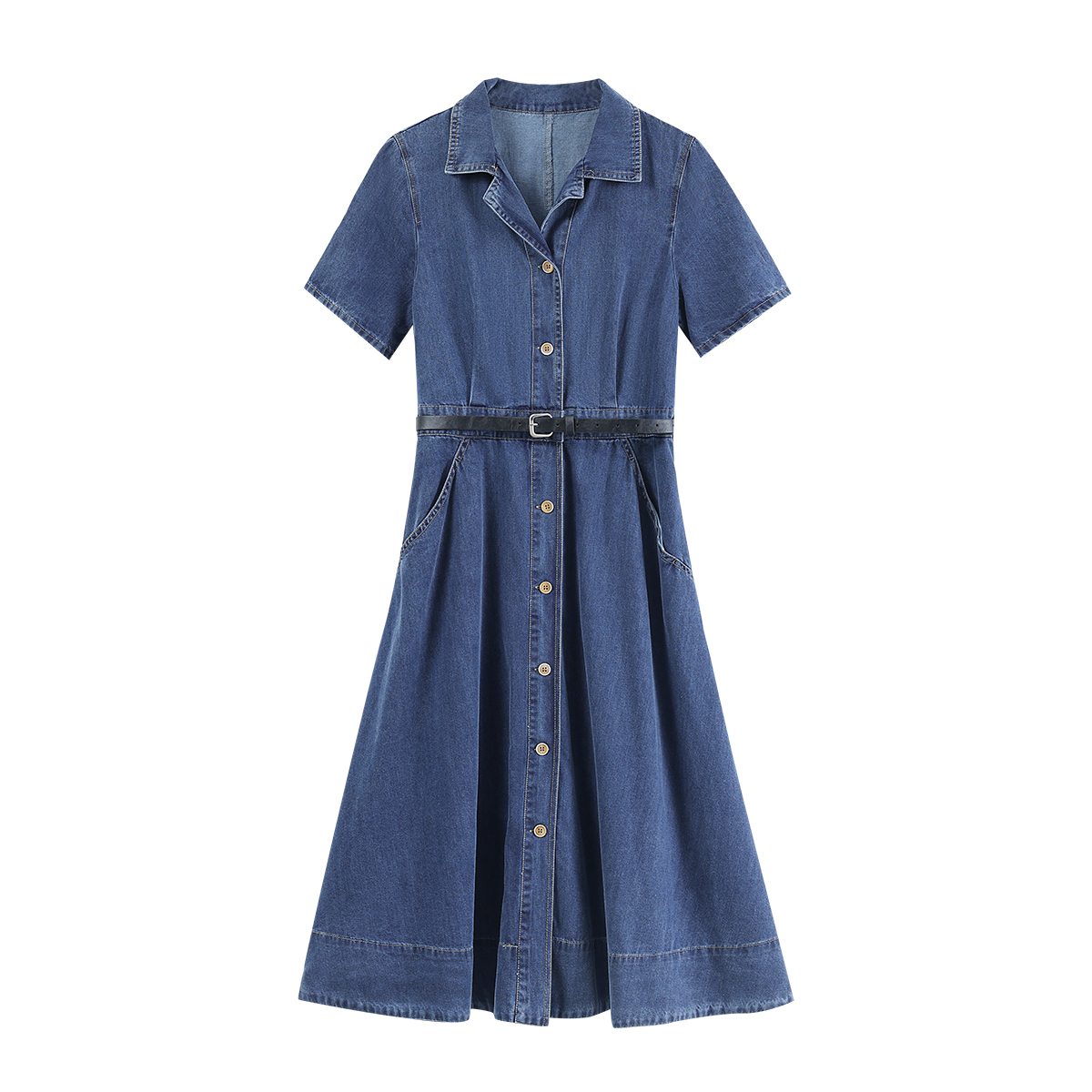 木易易 蓝色短袖牛仔连衣裙女夏季2024新款复古收腰小个子衬衫裙
