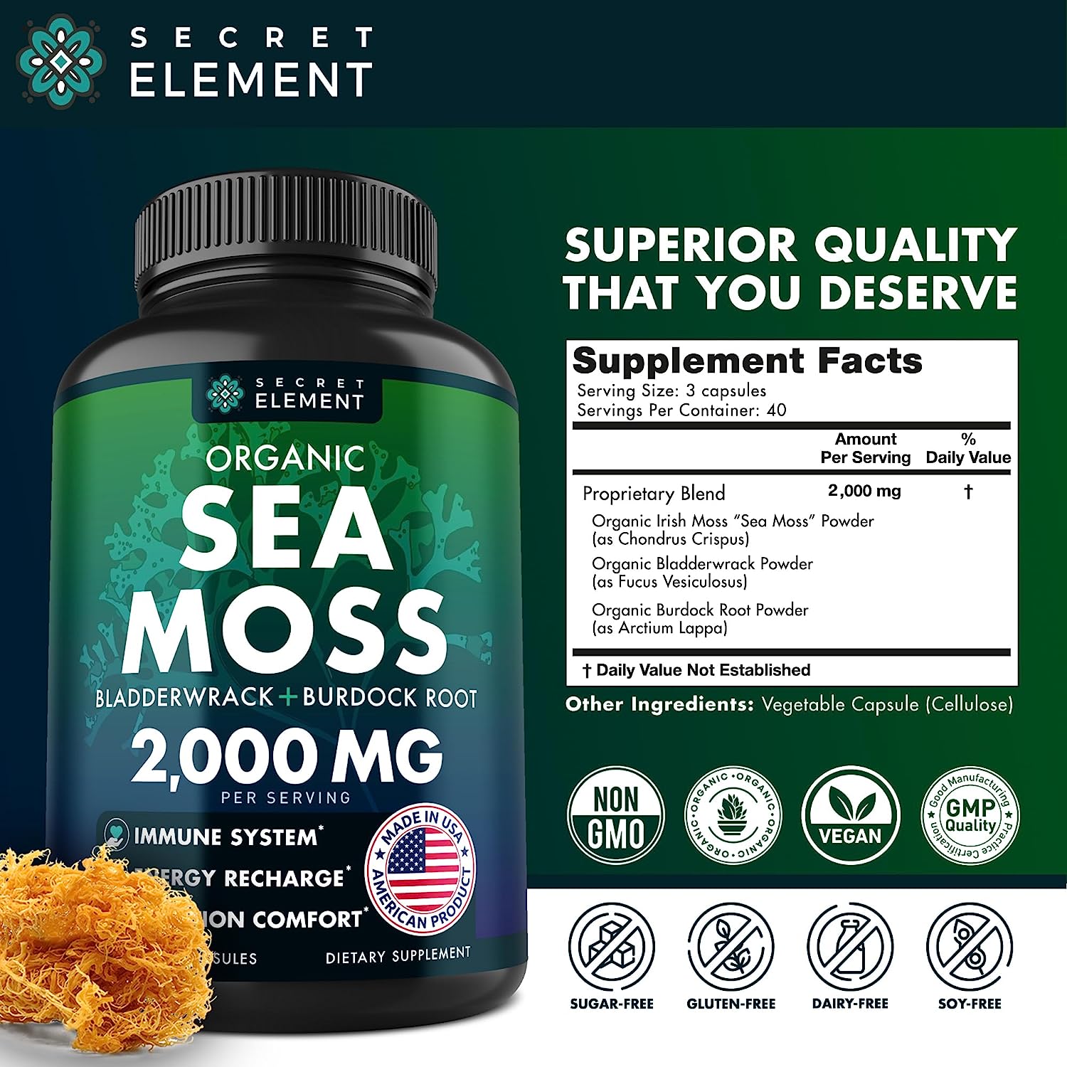 美国代购Organic Sea Moss Capsules - Burdock Root, Irish Moss - 图0