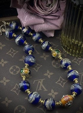 中古Vintage复古大气时尚气质老琉璃蓝色凤尾大尺寸蓝凤尾项链