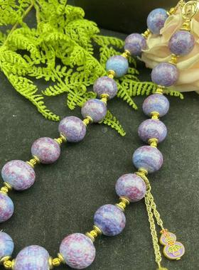 Vintage中古时尚百搭款紫色老料琉璃珠项链