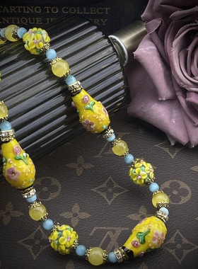 中古Vintage复古时尚精致甜美浪漫黄色花朵琉璃项链耳饰