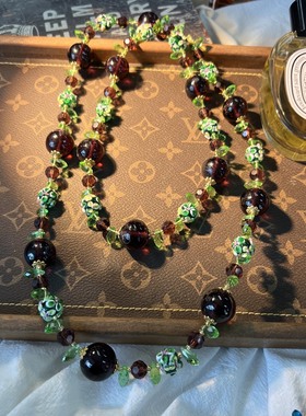 中古Vintage复古时尚大气穆拉诺大直径花朵琉璃珠子双层项链