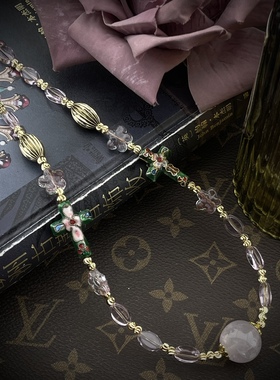 中古Vintage简约时尚甜美学生党琉璃珠子搭绿色珐琅十字架项链