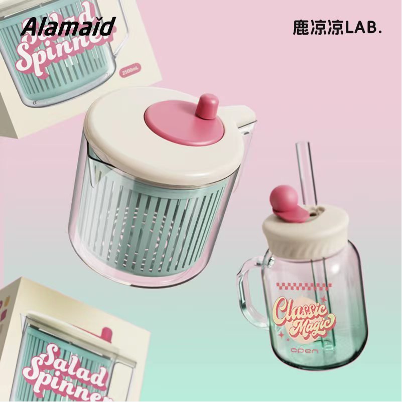 鹿凉凉●Alamaid贝果盒圆形塑料果蔬沙拉脱水器易旋转可爱颜值-图0