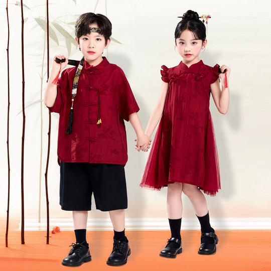 儿童新中式汉服套装男童小少爷唐装女童旗袍裙礼服国风朗诵演出服