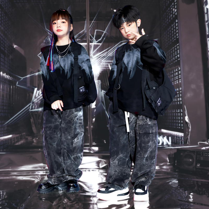 街舞儿童潮服男童架子鼓表演服女童嘻哈hiphop炸街大童演出服套装 - 图1