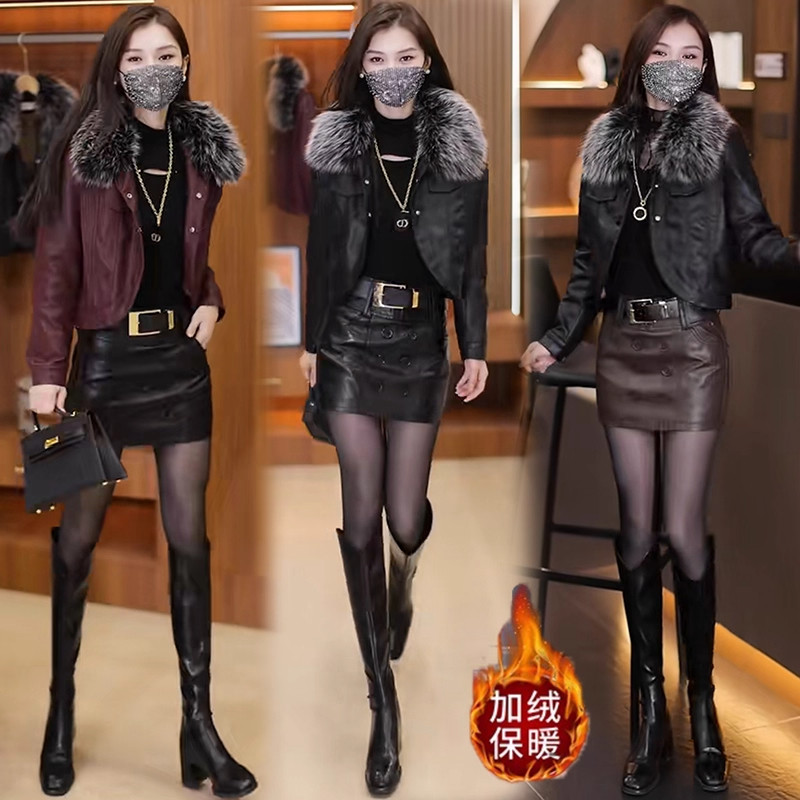 时尚套装短款皮衣外套2025冬季新款气质高级感显瘦保暖加绒两件套,淘宝优惠券,粉丝福利购,淘宝优惠卷