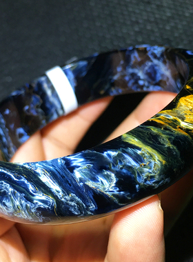 Pietersite彼得石手镯蓝黄火彩猫眼61毫米贵妃镯子纳米比亚料838