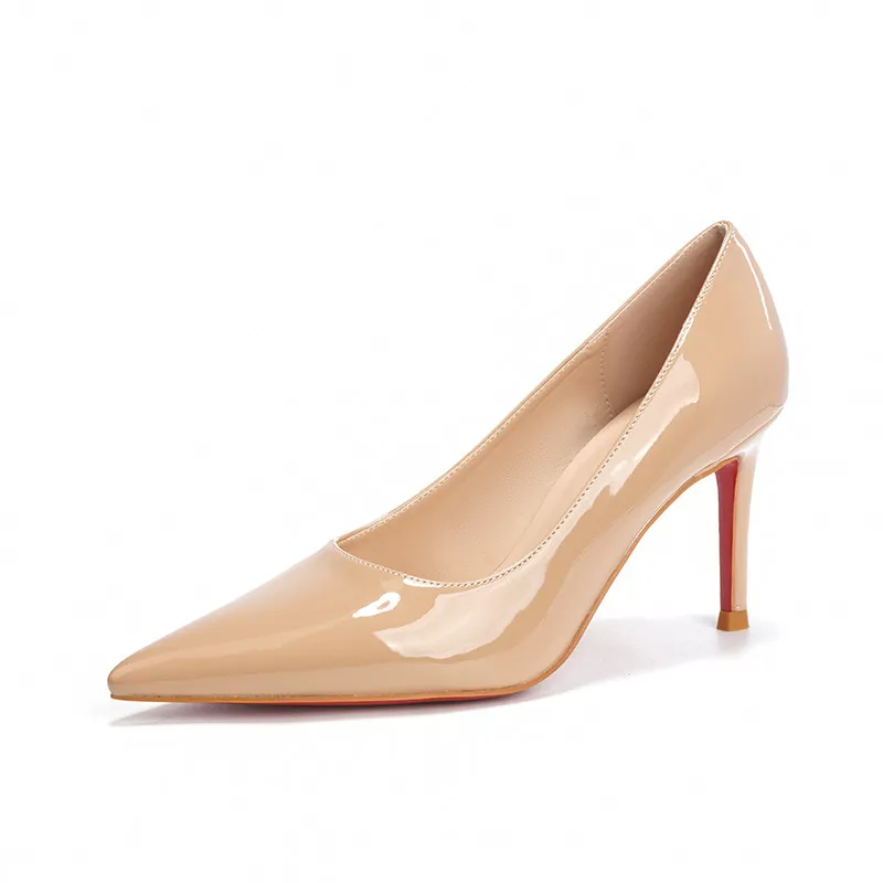 【B-168-2】裸色高跟鞋女胖脚宽脚性感红底单鞋黑色漆皮大码女鞋 - 图3