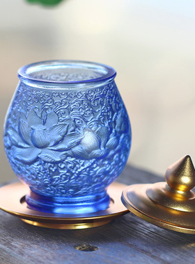 古法琉璃荷花香炉佛具套装